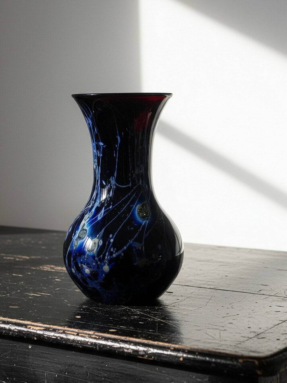 Large vintage purple art glass vase with silver glitter inclusions.