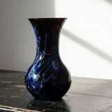 Large vintage purple art glass vase with silver glitter inclusions.