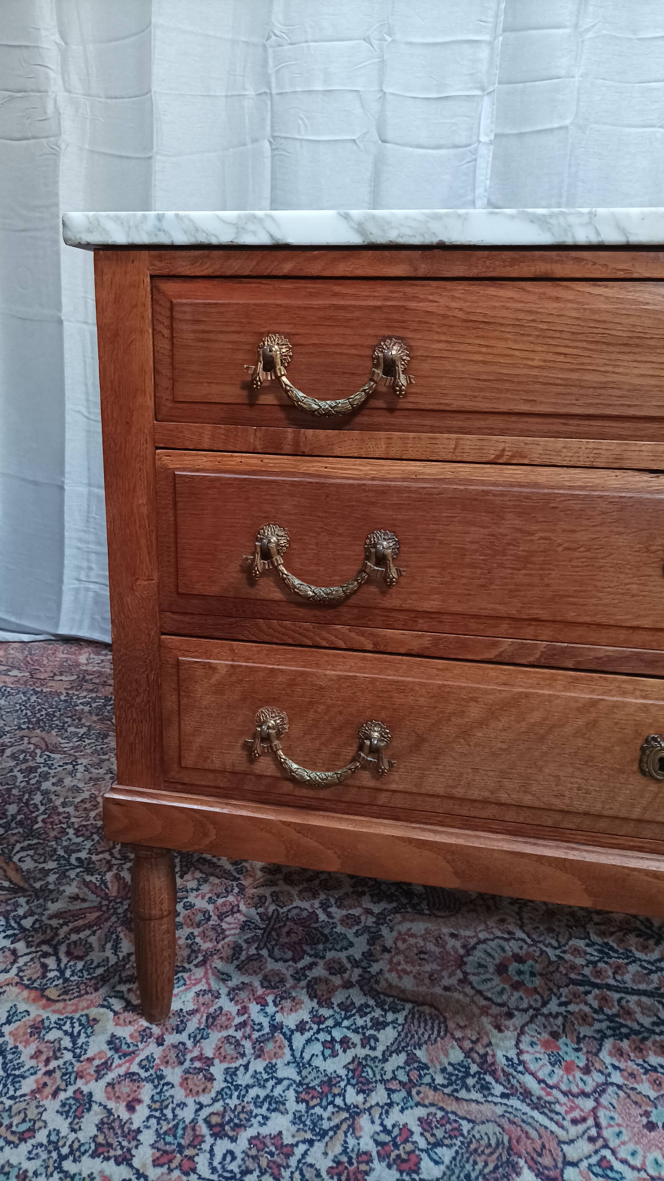 Louis XVI style chest of drawers in oak and marble top