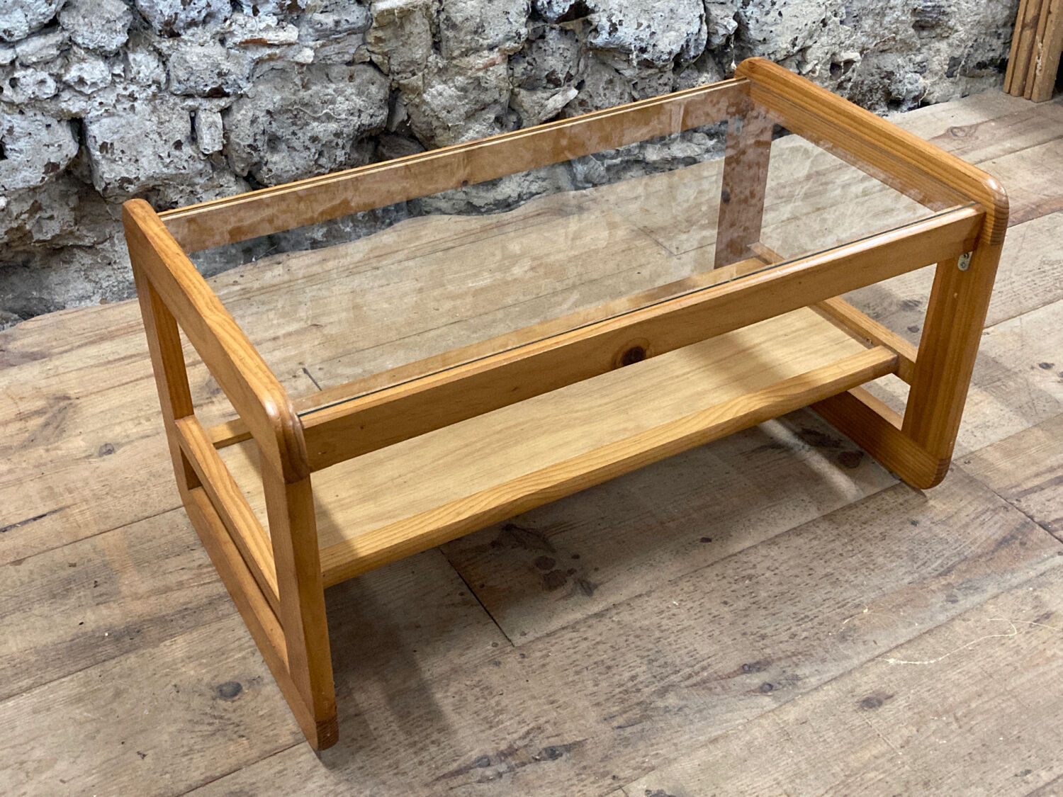 Coffee table in pine and glass Regain 1980