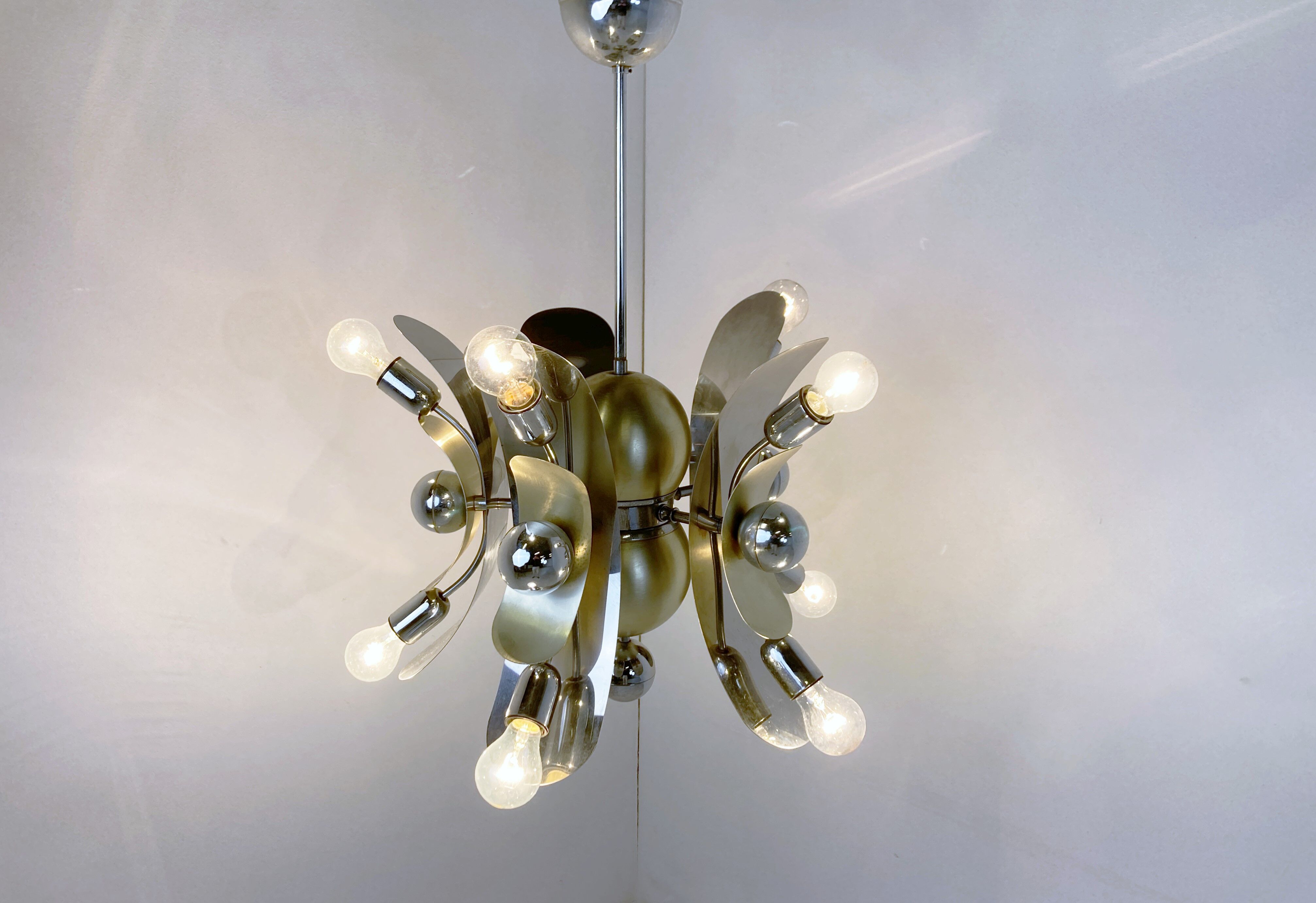 Vintage italian chrome and brass chandelier, 1970s