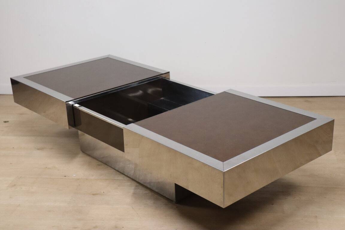 Vintage glass and aluminum bar coffee table, 1970