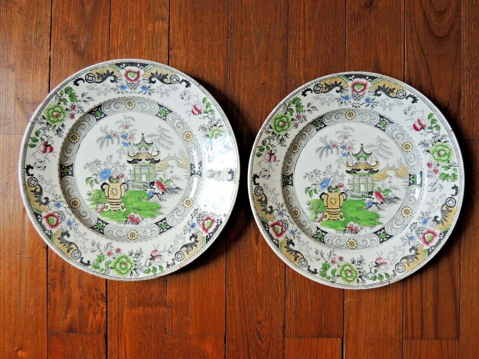 Set of 2 plates in faience Creil Montereau pagoda decorations