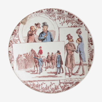 Old French decorative plate, talking plate, Terre de Fer, U&C Sarreguemines and Digoin