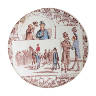 Old French decorative plate, talking plate, Terre de Fer, U&C Sarreguemines and Digoin