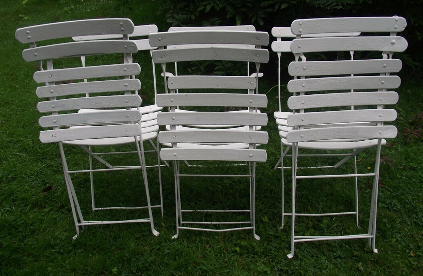 Series of 6 folding garden chairs in iron and old wooden slats