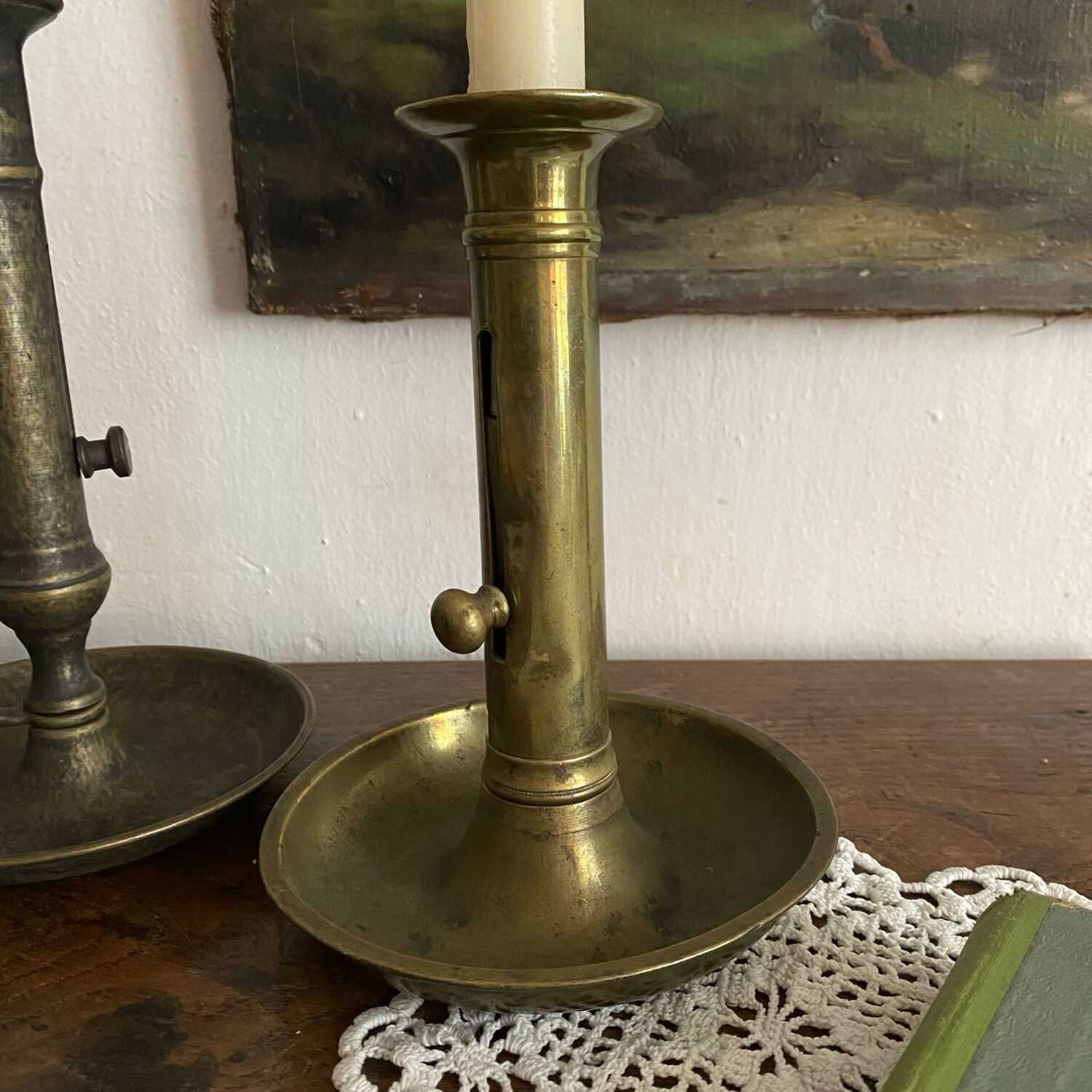 Gold-plated brass push-button candle holder