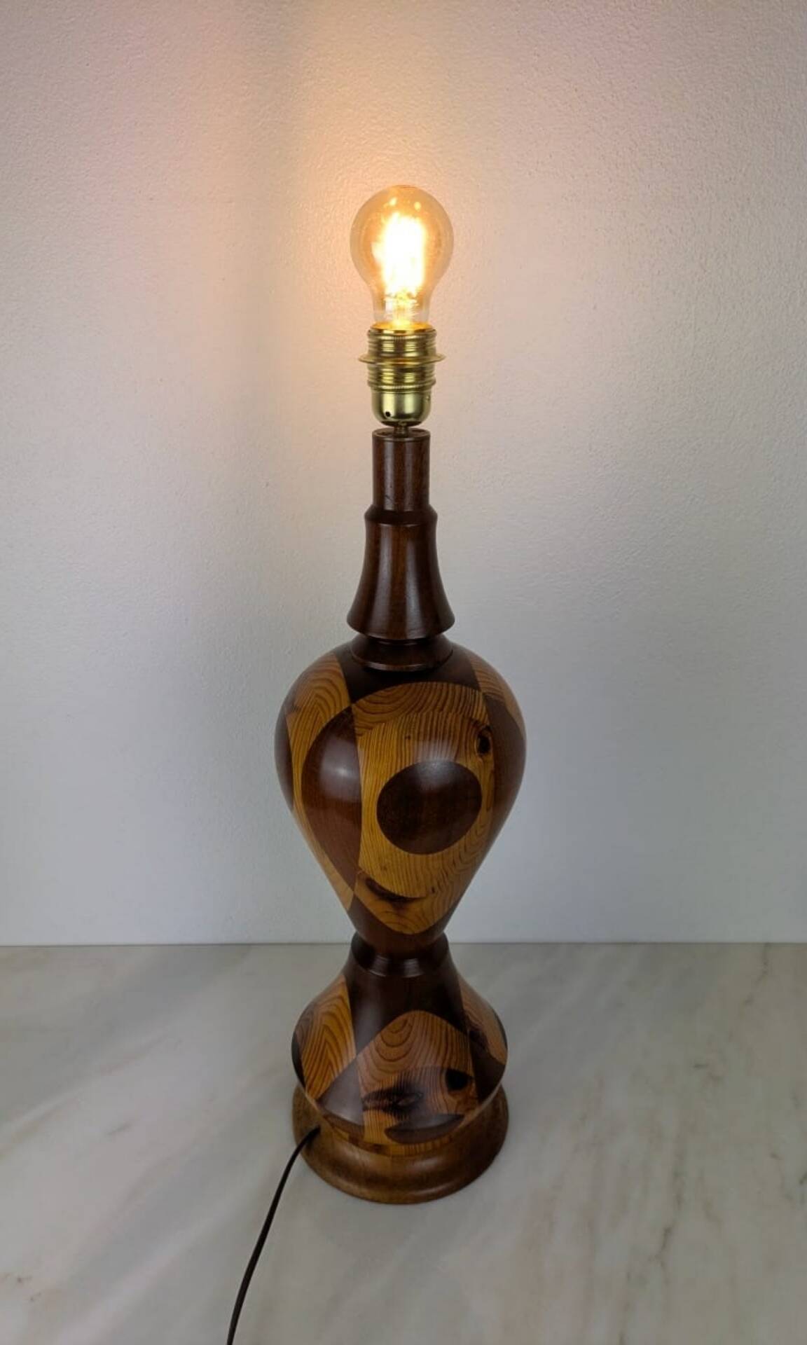 Vintage Marquetry Wooden Table Lamp (1970s) - 57 cm