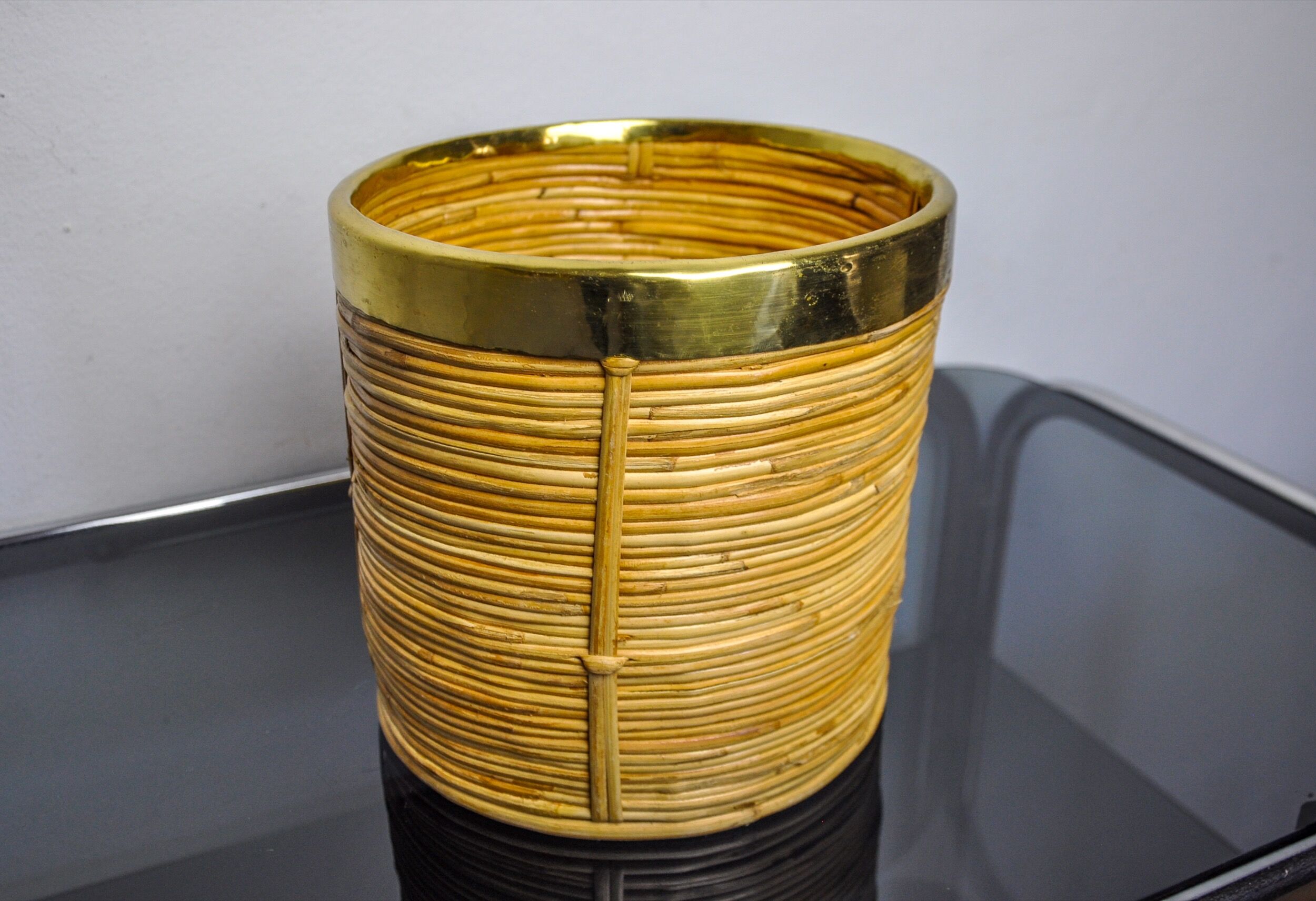 Rattan and brass book basket, Italy, 1970
