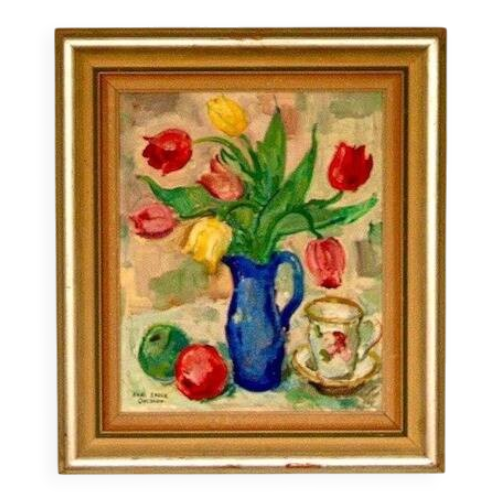 Original mid-century Swedish oil on panel – “Tea” by Karl Enoch Ohlsson – vintage & framed – 56 × 64 cm