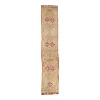 Sand Beige & Pink Turkish Vintage Runner Rug, 80x413Cm