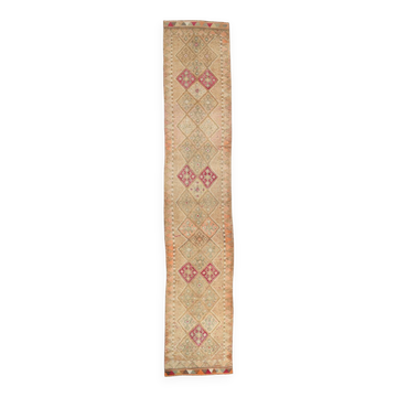 Sand Beige & Pink Turkish Vintage Runner Rug, 80x413Cm