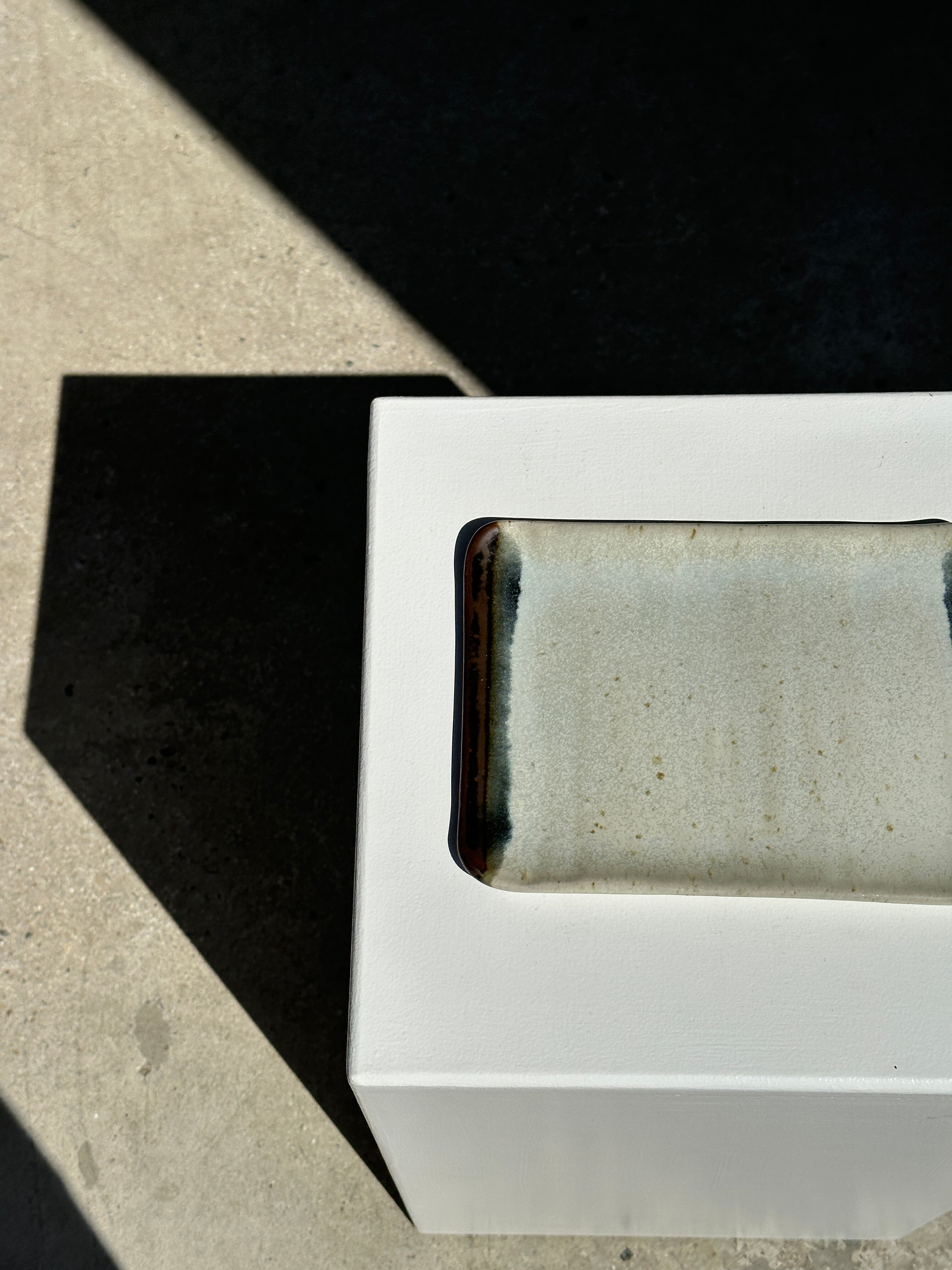 Trio of small rectangular serving dishes white and black Indonesian ceramic 21x16