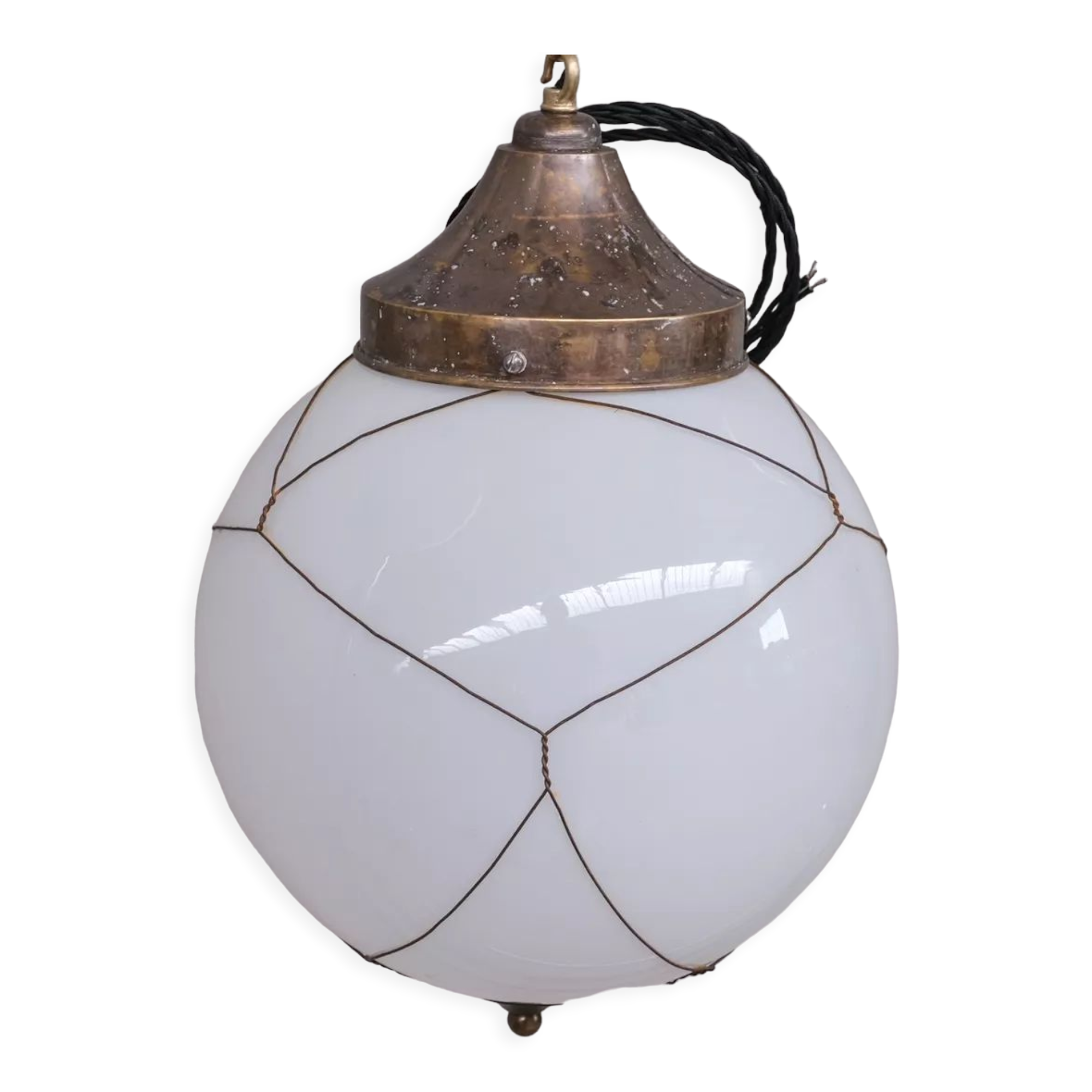 Opaline and brass mid-century caged pendant