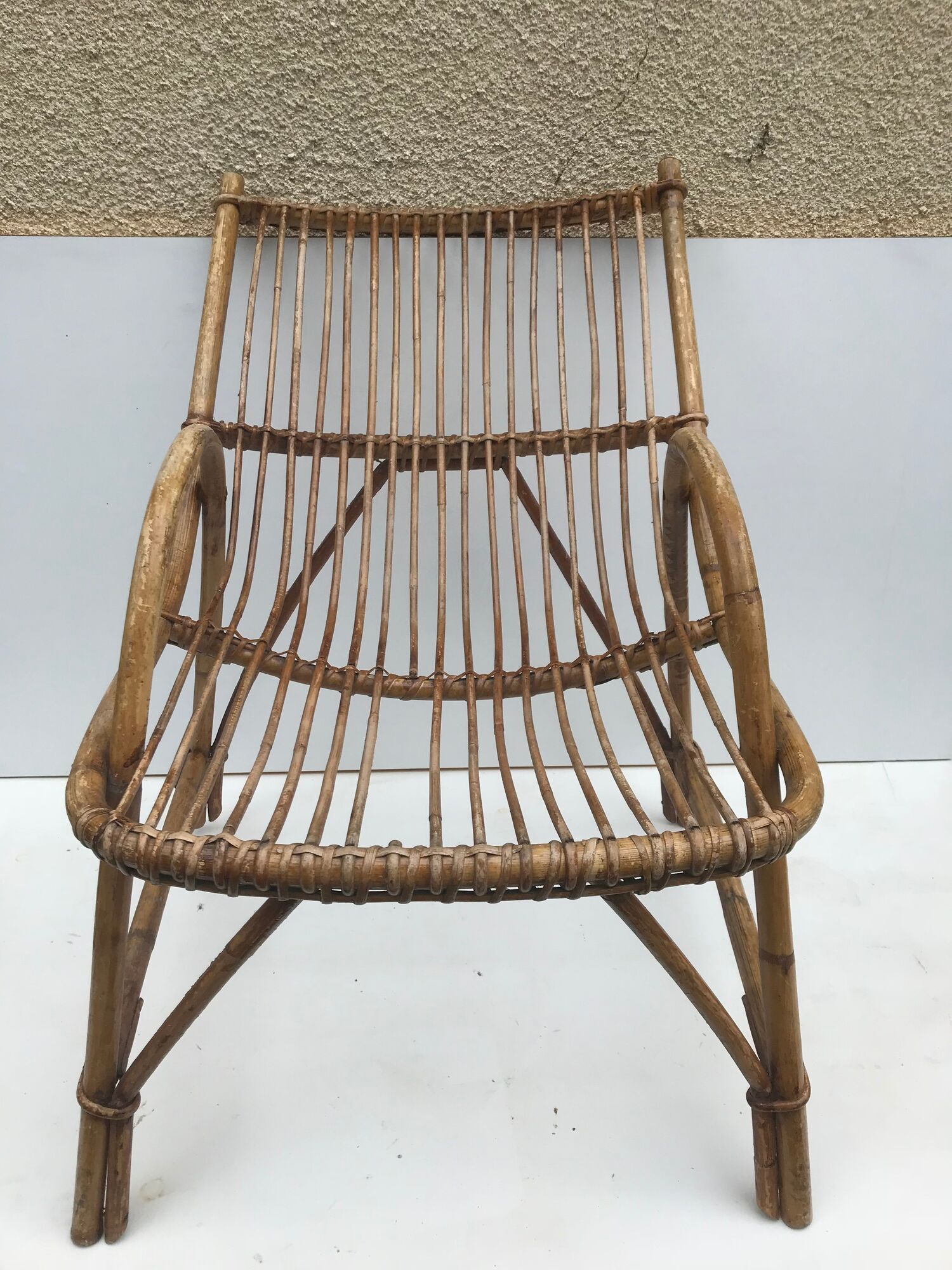 Pair old armchair in rattan curve base years 60 vintage x 2