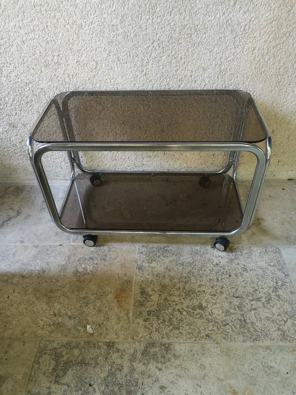 Trolley, hifi table. Smoked silver metal glass 60's