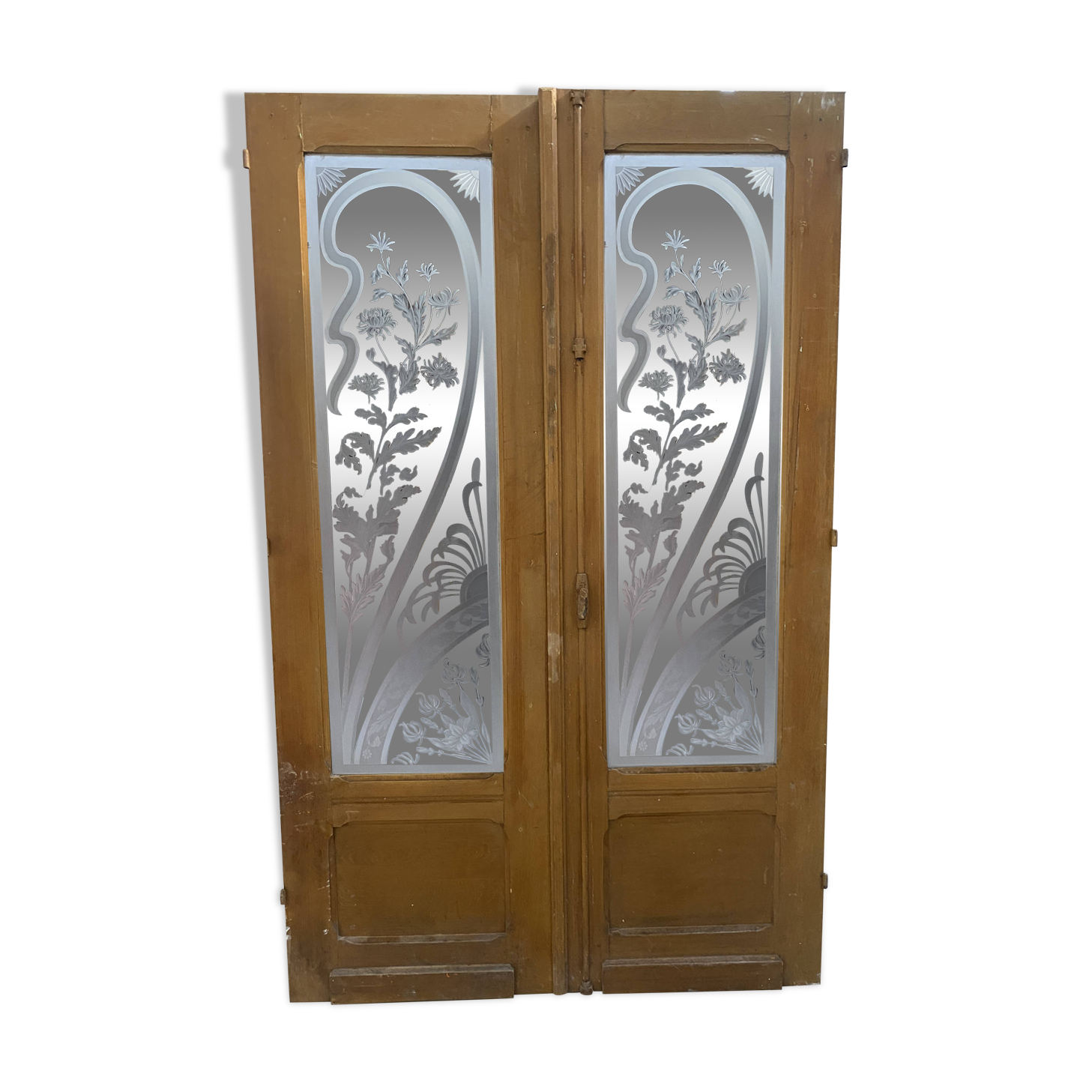 Double dividing door in wood and etched glass, 20th century