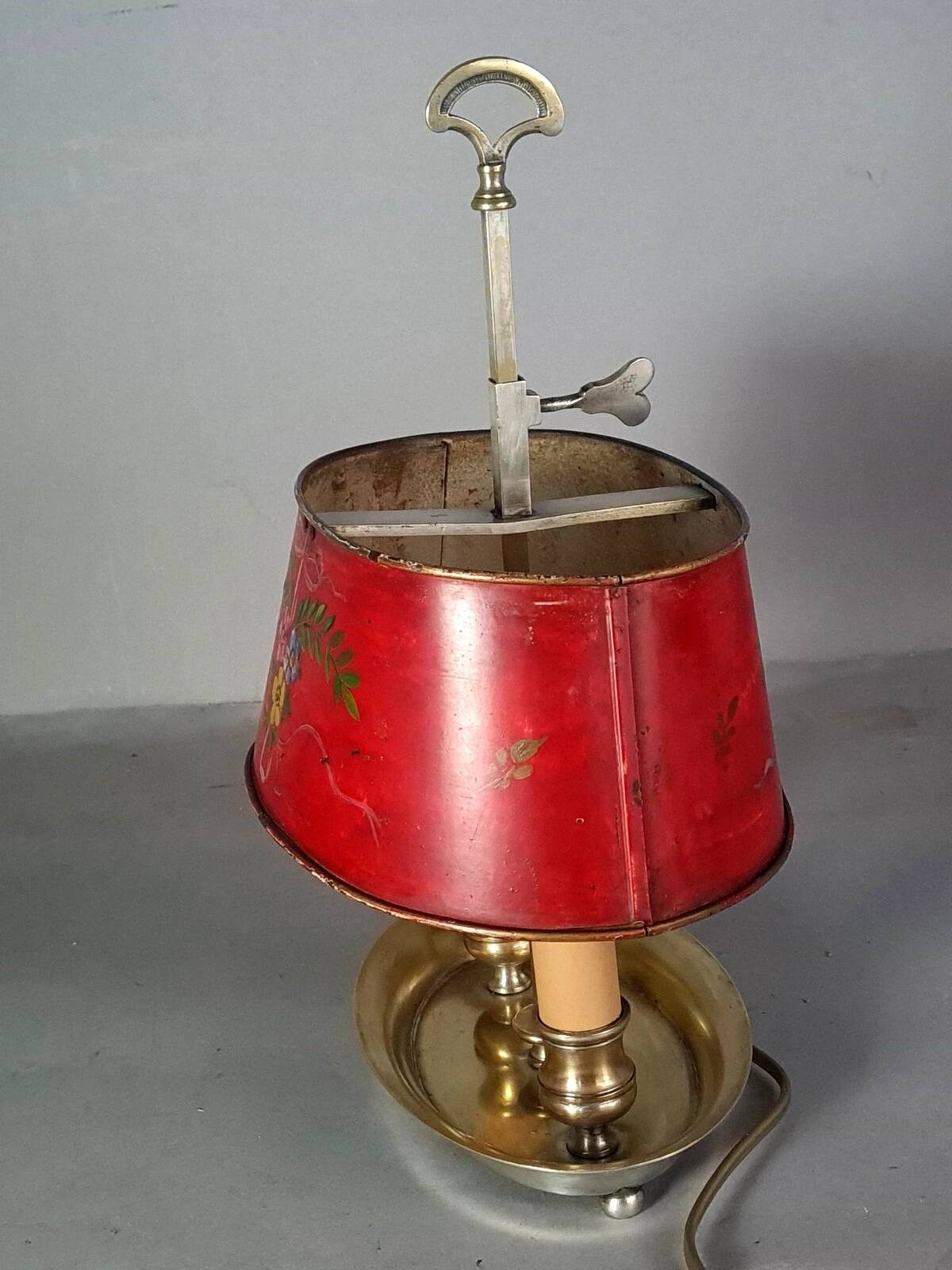 Ancienne lampe bouillotte bronze & tôle peinte, électrifiée D083