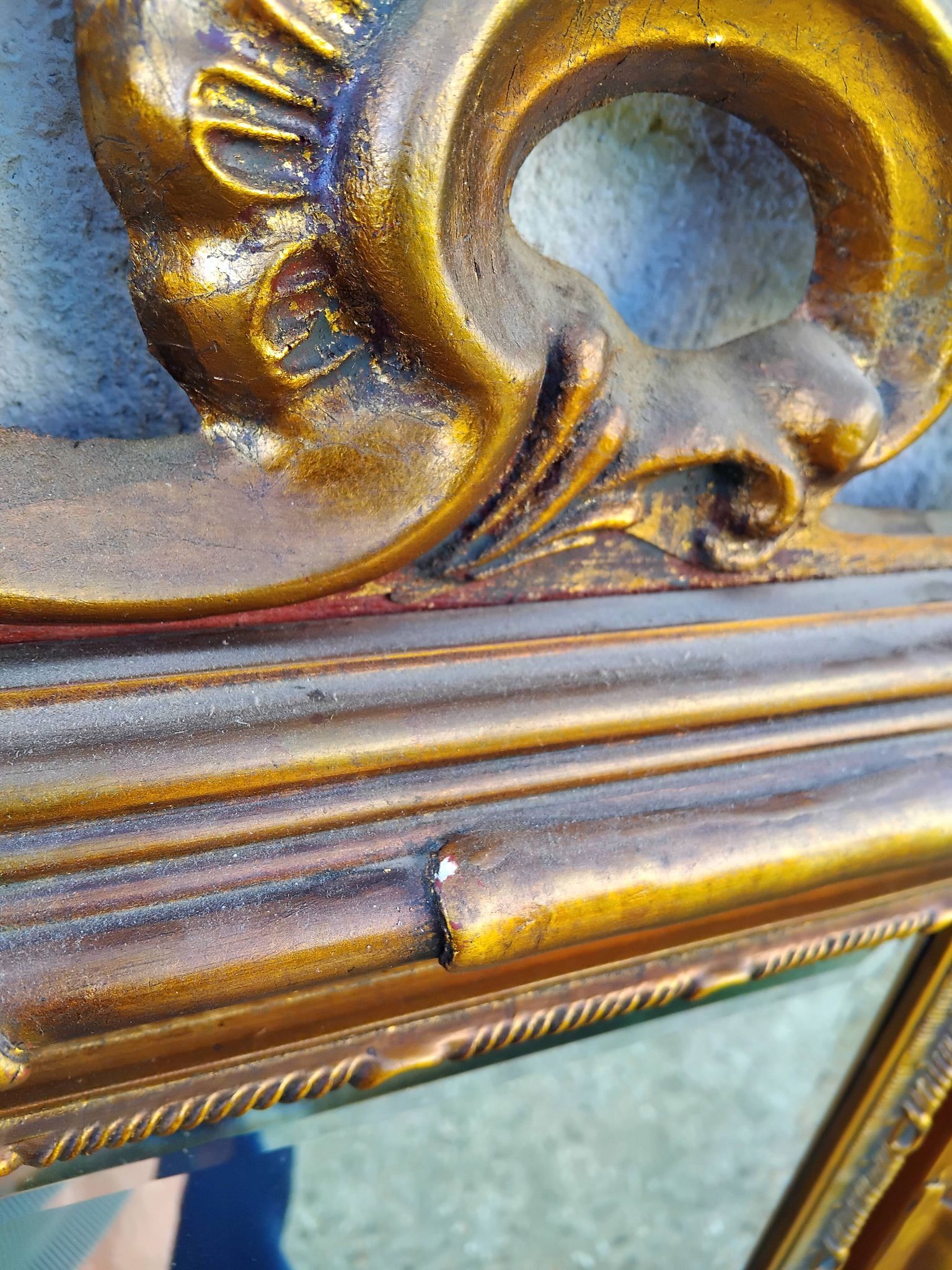 Old large Louis XV style mirror, stucco, wood, resin, beveled