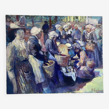 Oil on canvas representing a group of Breton women, signed Patrice Landauer