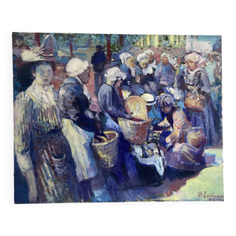 Oil on canvas representing a group of Breton women, signed Patrice Landauer