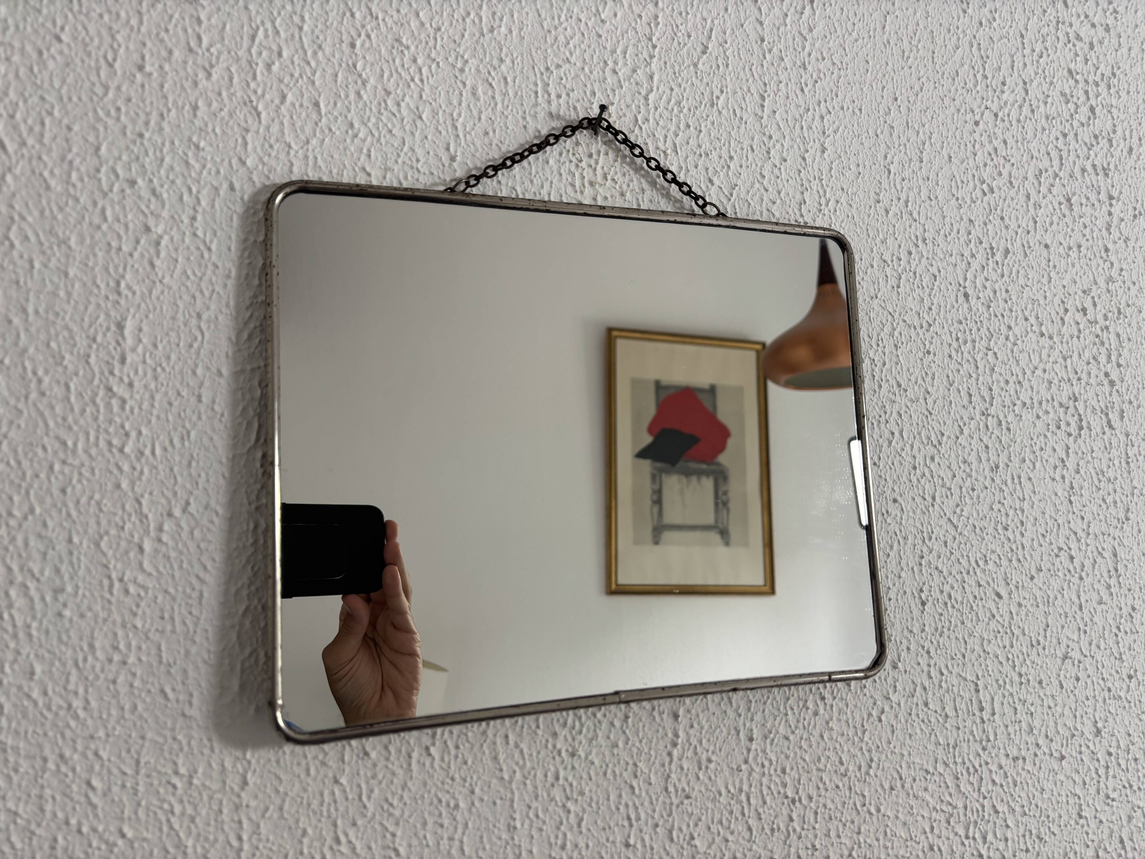 Miroir vintage 1960 barbier coiffeur carton chainette - 29 x 23 cm