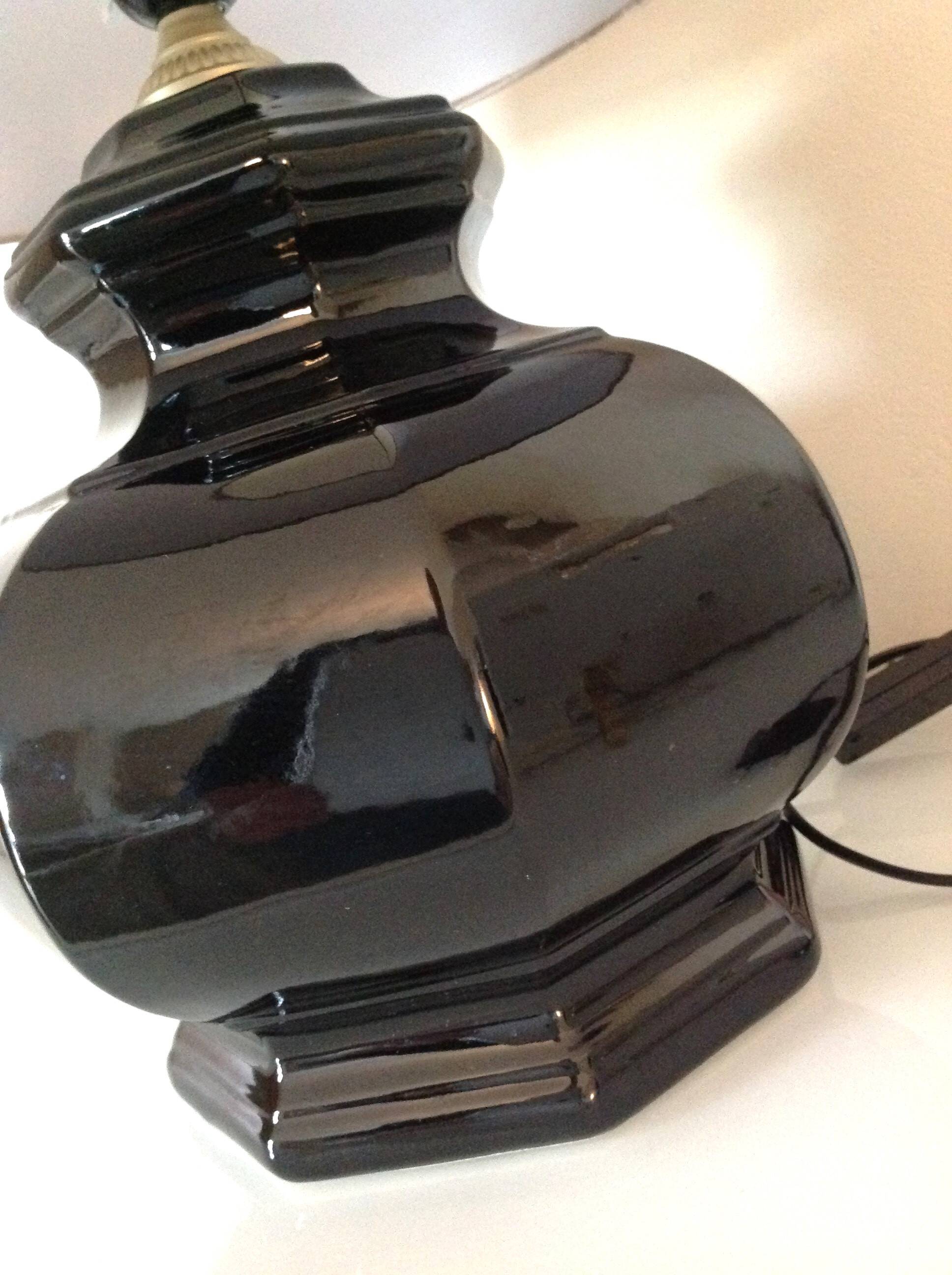 Octagonal black ceramic lamp and gold lampshade / vintage 70s