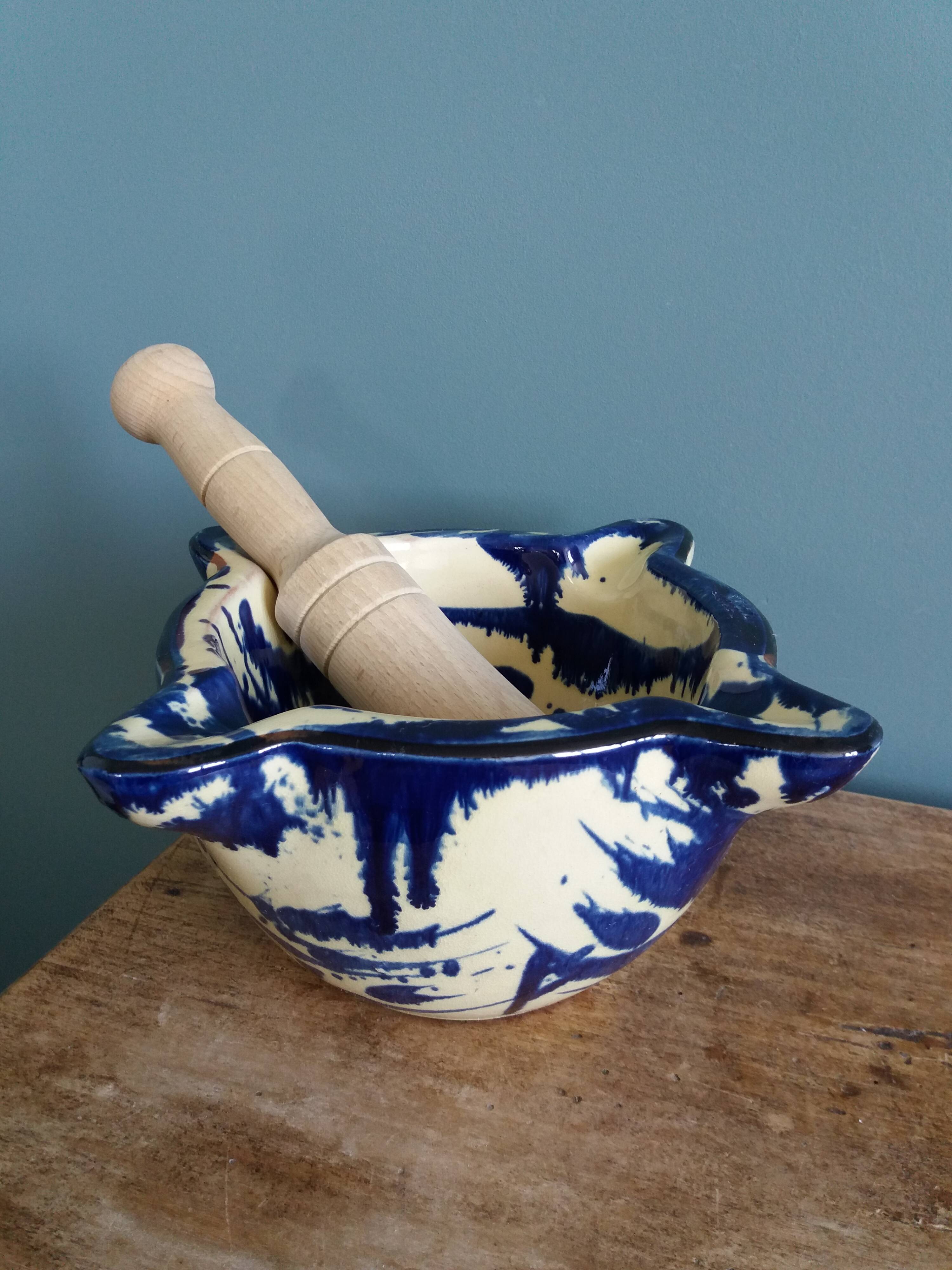Glazed terracotta mortar and wooden pestle