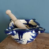Glazed terracotta mortar and wooden pestle