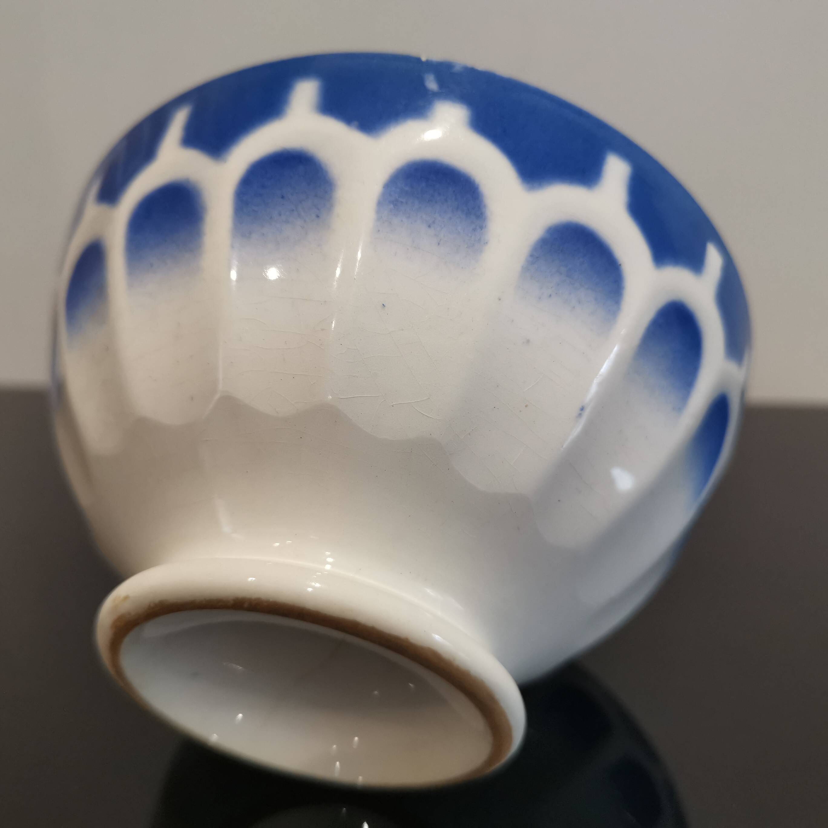 Vintage Earthenware Bowl Blue Stencil Decor, Art Deco Digoin/Sarreguemines