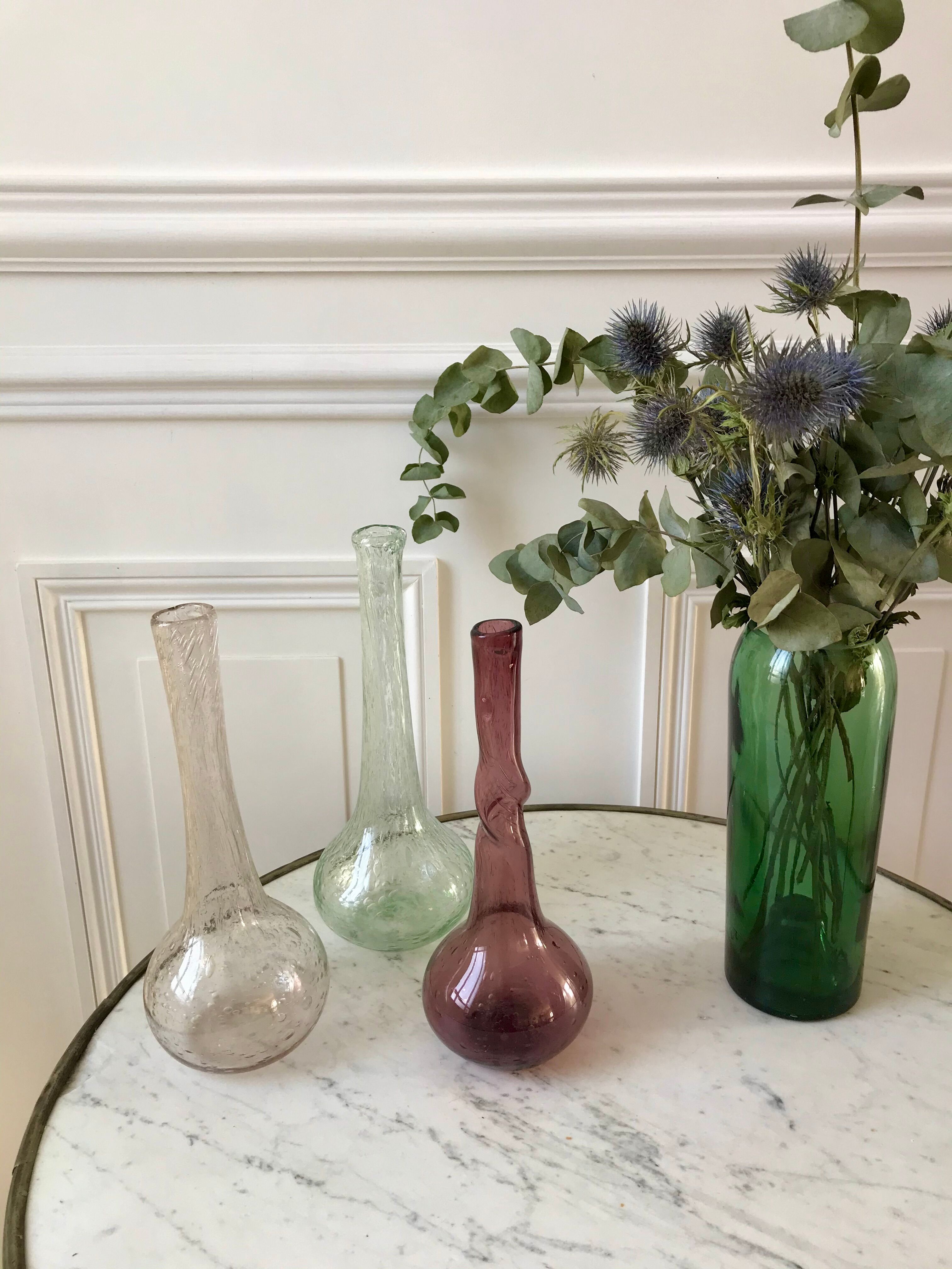 trio of Biot bubbled glass vases signed green 60s-70s