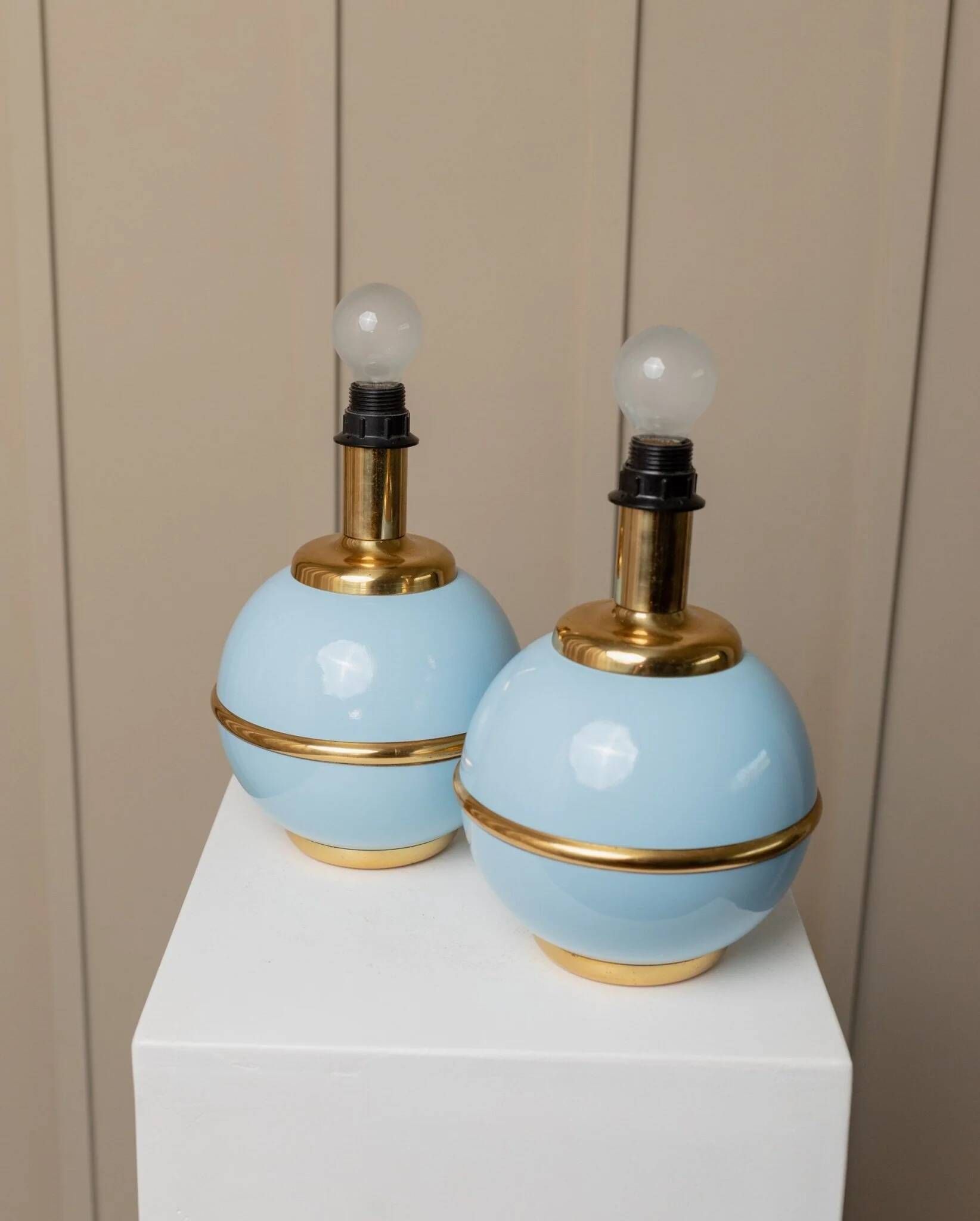 Set of 2 Light-Blue Ceramic Table Lamps with Gold Trim Italy 1980s Hollywood Regency Style