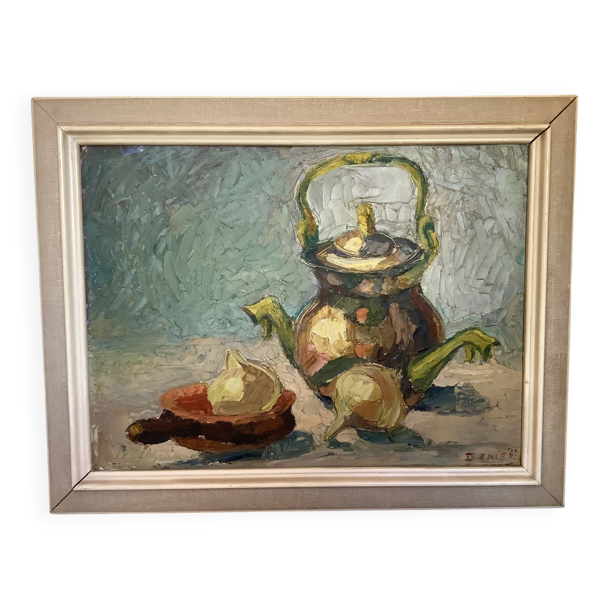 Still life with knife on cardboard signed