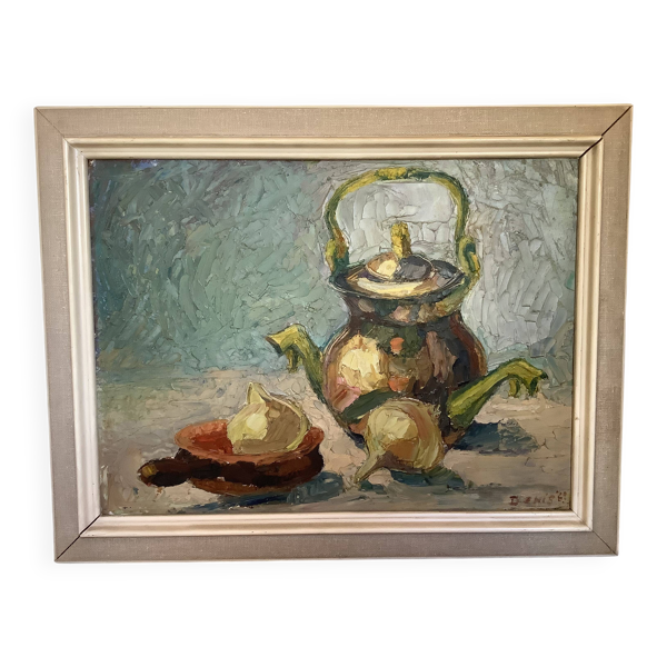 Tableau nature morte au couteau sur carton signé