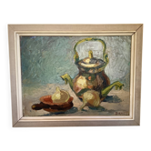 Still life with knife on cardboard signed