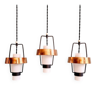 Scandinavian trio of suspensions in opaline and anodised aluminium, 1960.