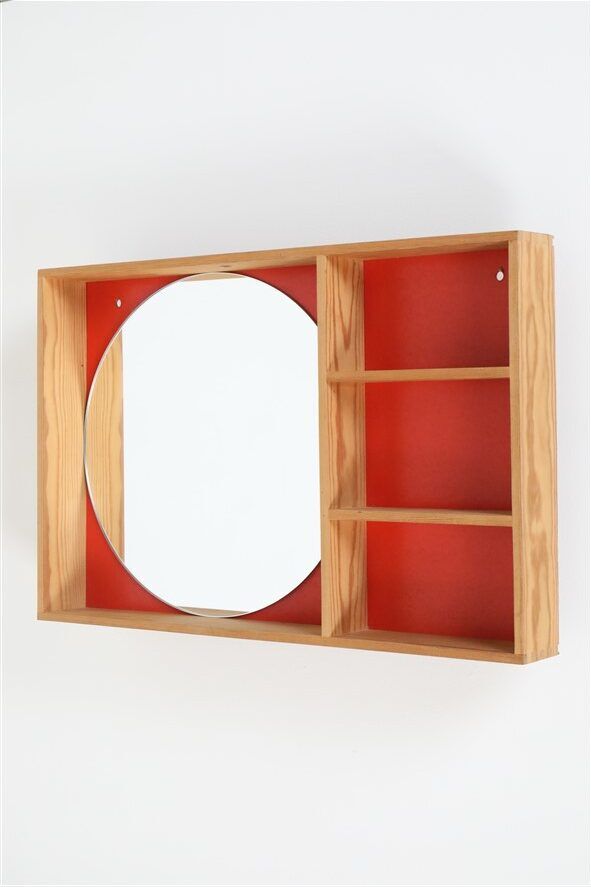 Mid-century wall shelf with mirror / 1970s / maritime pine / Danish modern design / red-orange