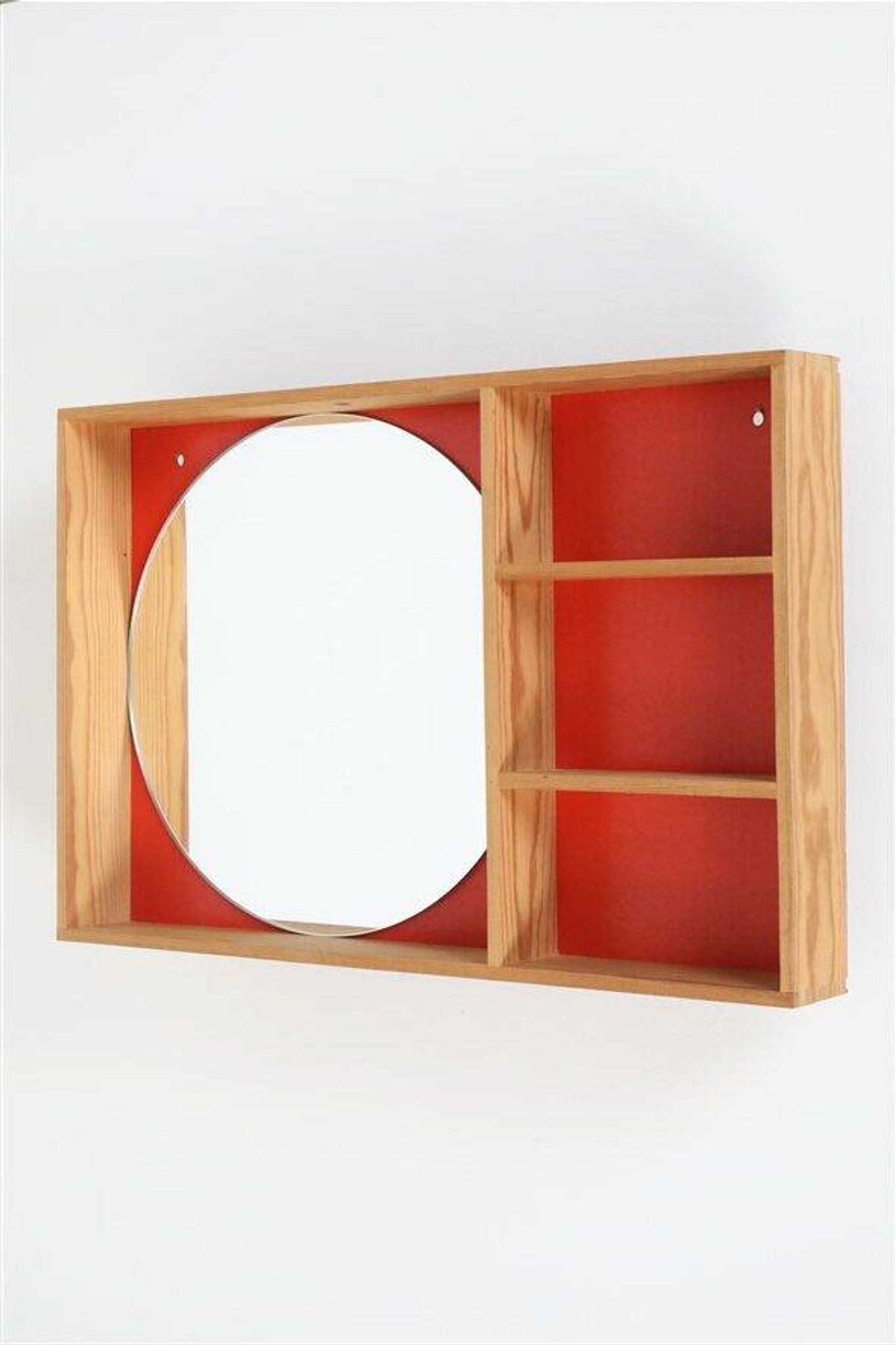 Mid-century wall shelf with mirror / 1970s / maritime pine / Danish modern design / red-orange
