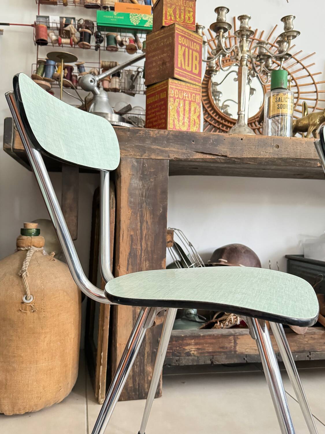 Set of 3 green Formica chairs