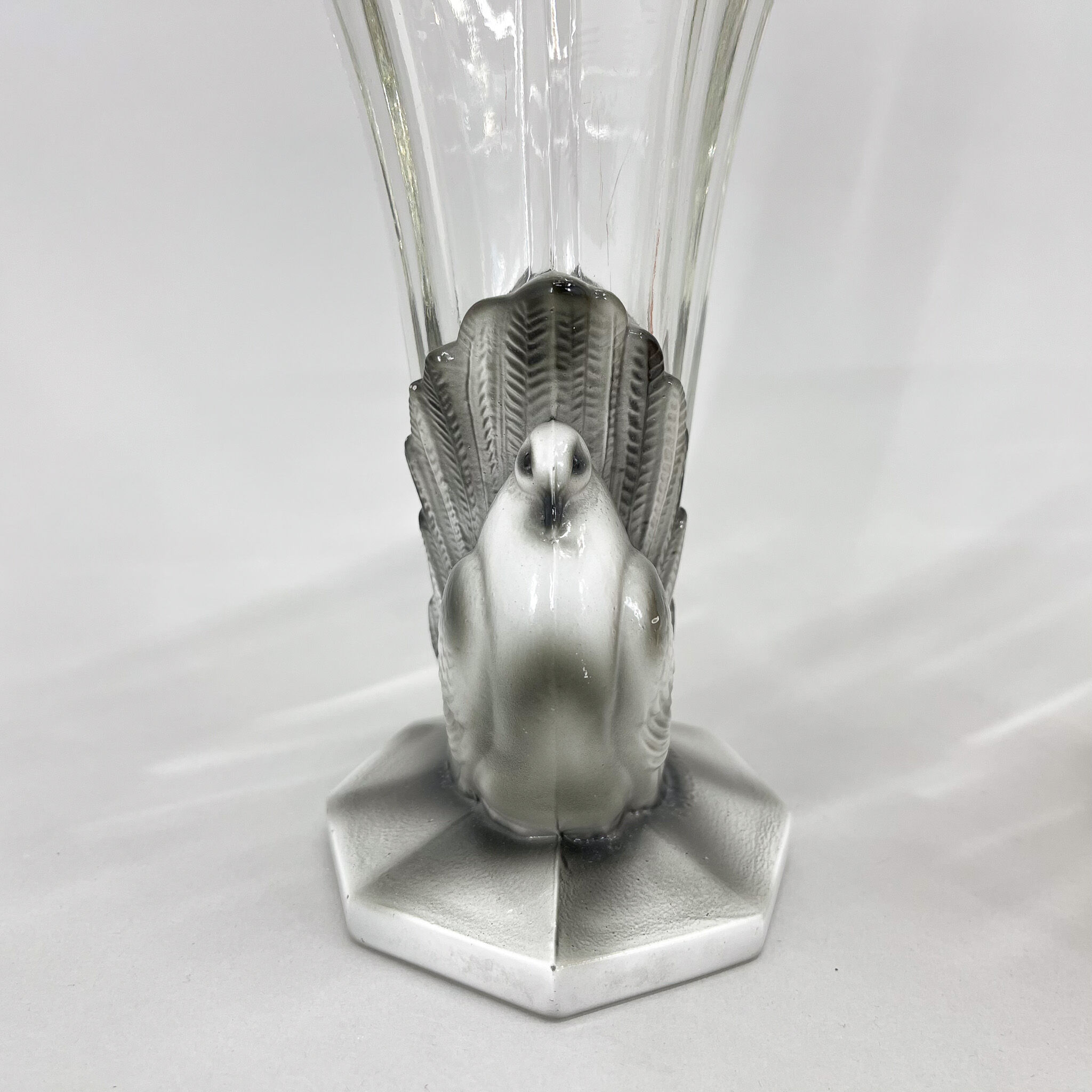 Set of Two Art Deco Dove Birds Glass Vases by Josef Feigl for Libochovice Glassworks, 1930s