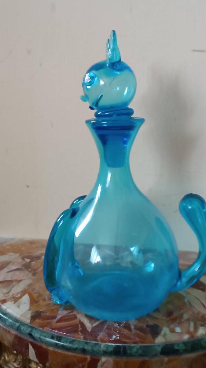 Vintage glass carafe from the 1960s, Empoli glassware, in the shape of a cat.