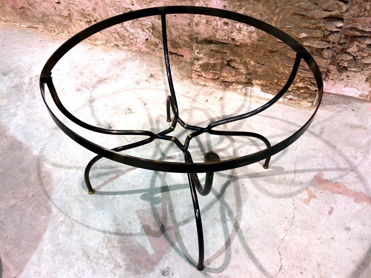 Dining room table base wrought iron and brass, glass top., 1980s