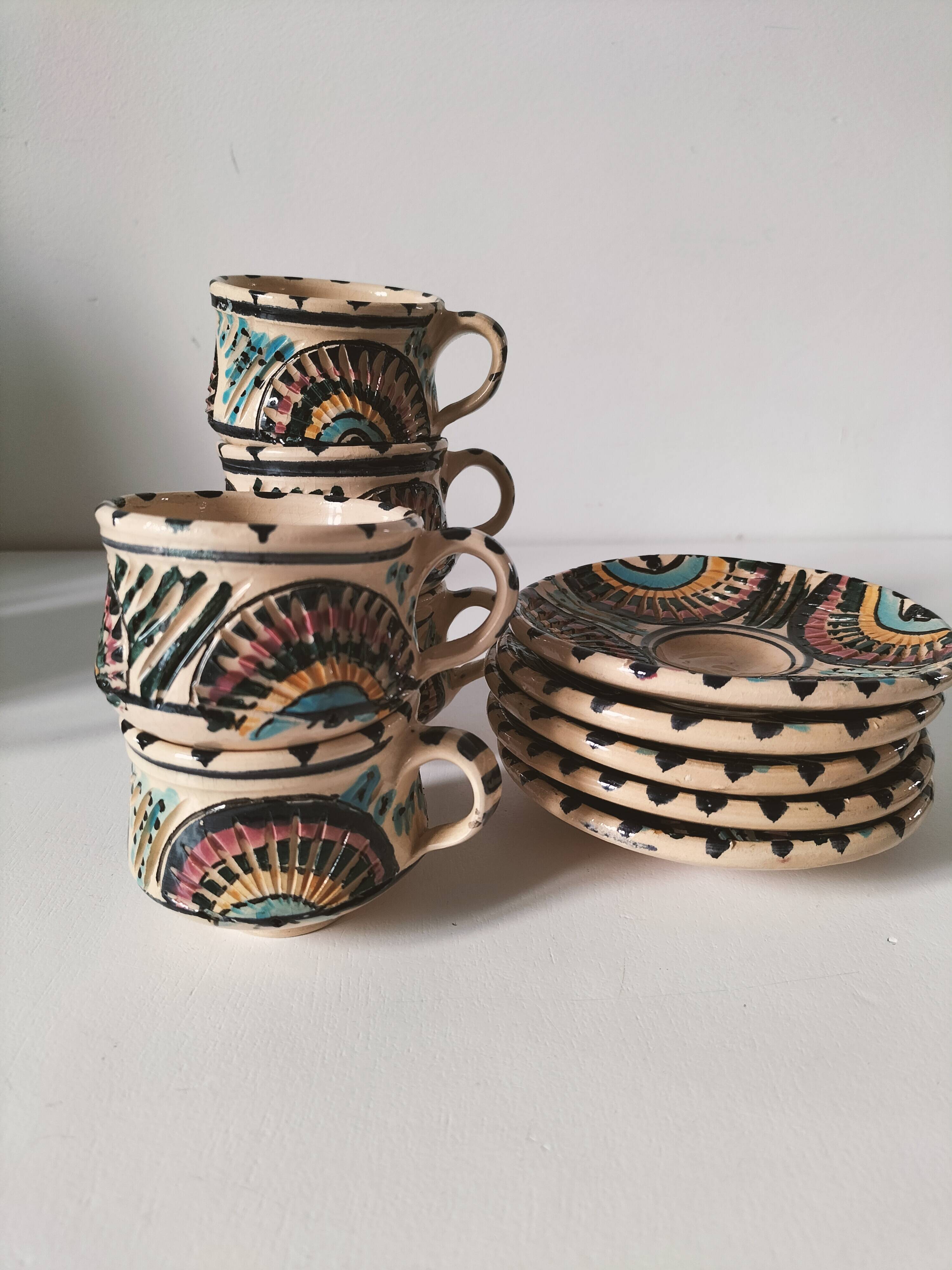Vintage Moroccan tea set, teapot and 6 cups and saucers