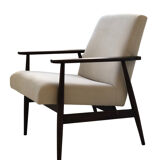 Mid-century beige linen armchair with a stool by Henryk lis, 1960s, set of 2