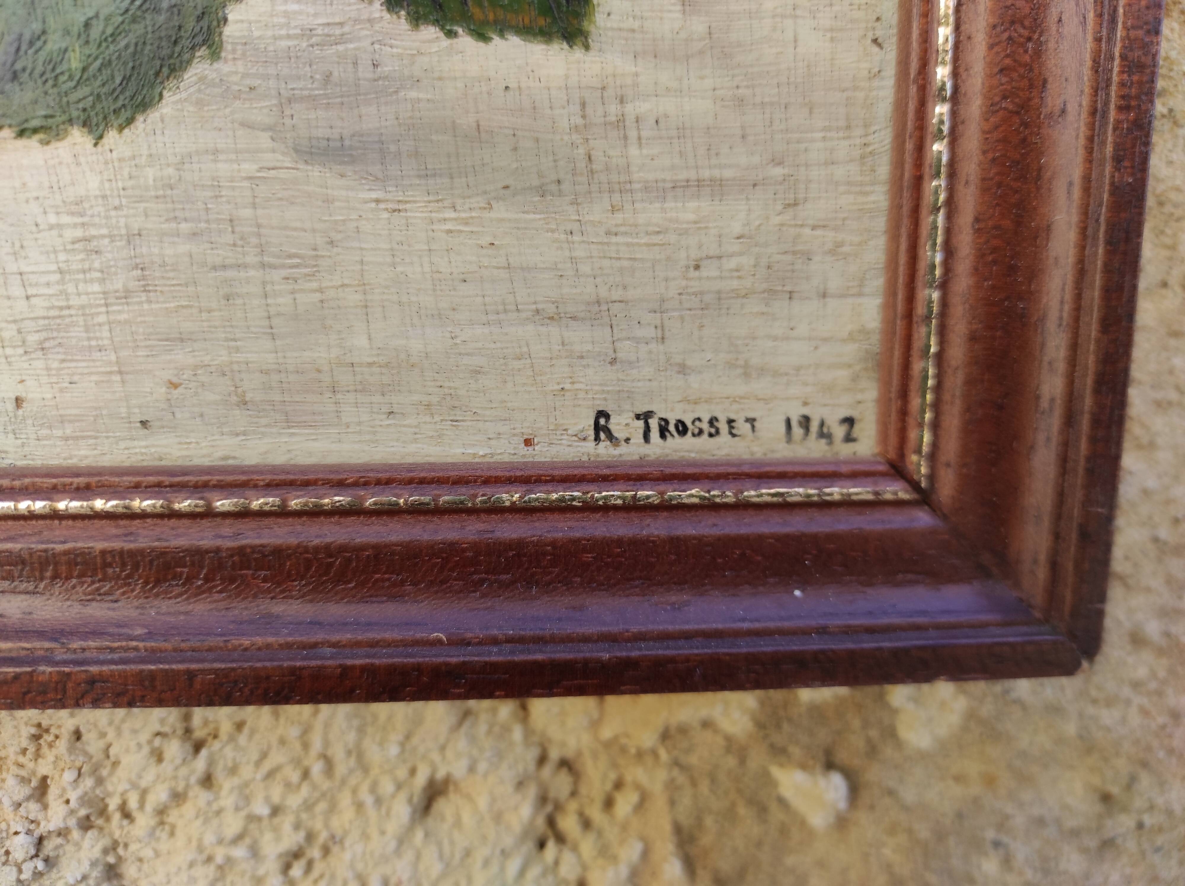 Vintage oil painting of flowers, two roses,  signed Trosset, 1942