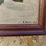 Vintage oil painting of flowers, two roses,  signed Trosset, 1942