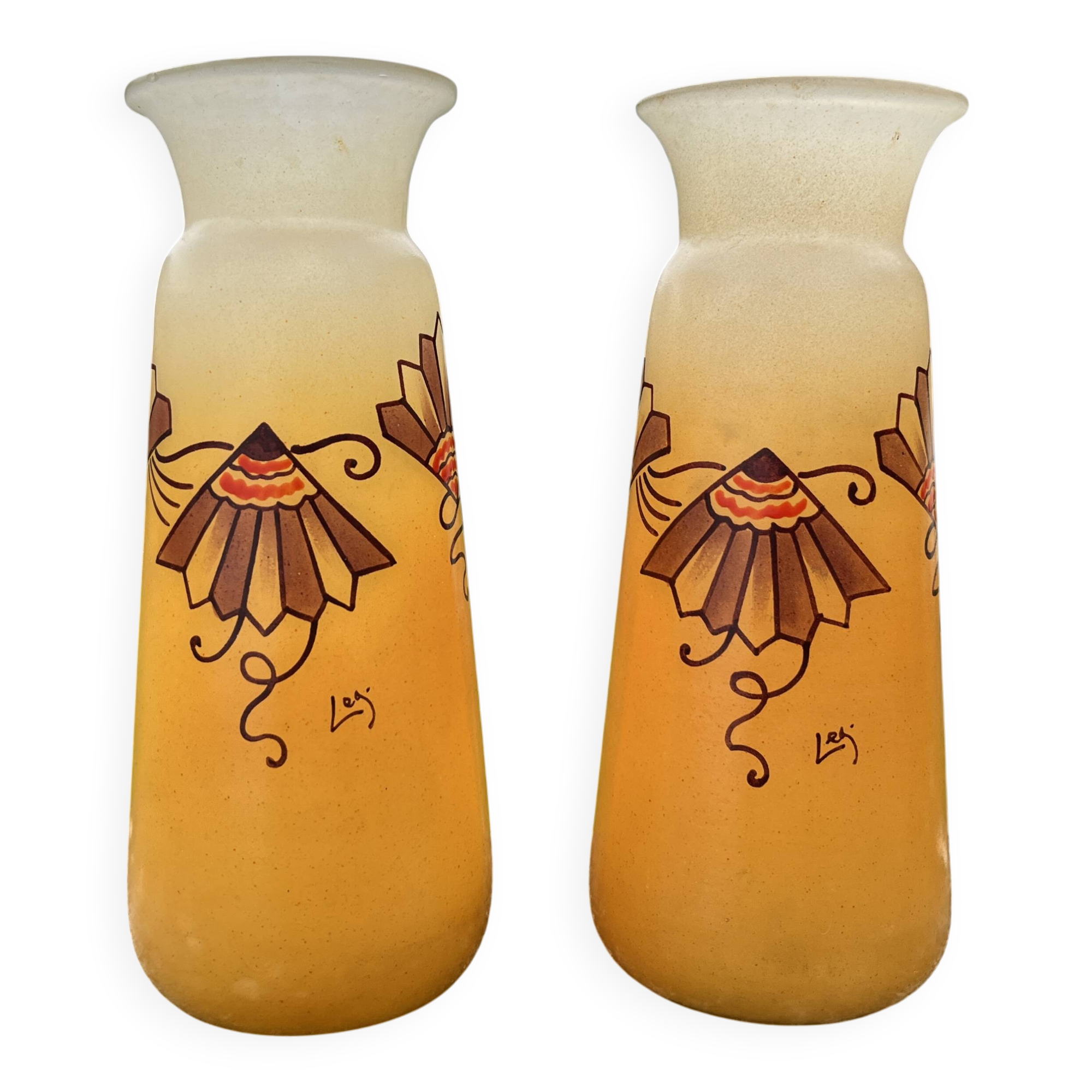Pair of orange Legras Art Deco enameled glass vases