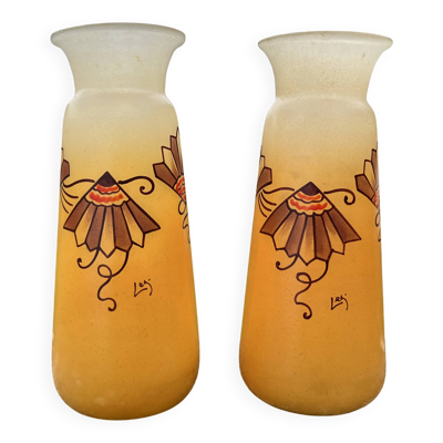 Paire de vases Legras orangé en verre émaillé Art Déco