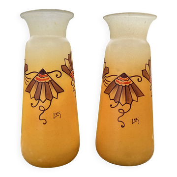 Paire de vases Legras orangé en verre émaillé Art Déco
