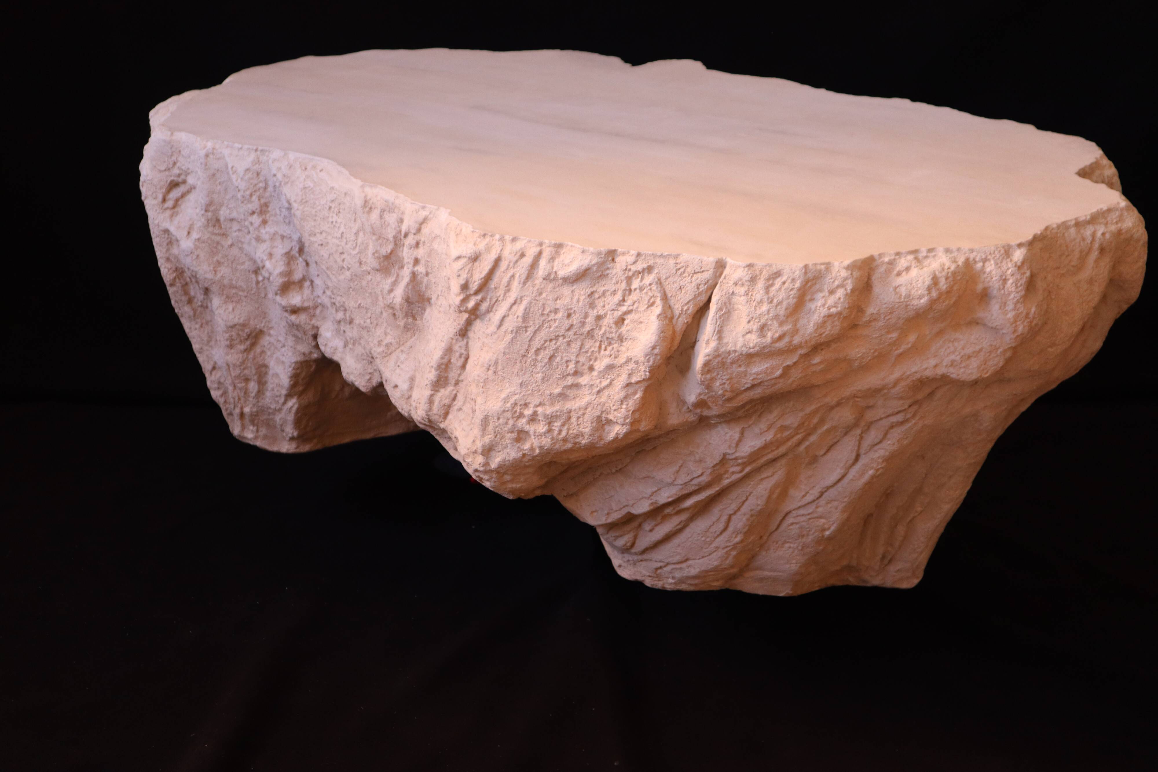 Design coffee table with travertine rock effect — unique piece hand-sculpted.